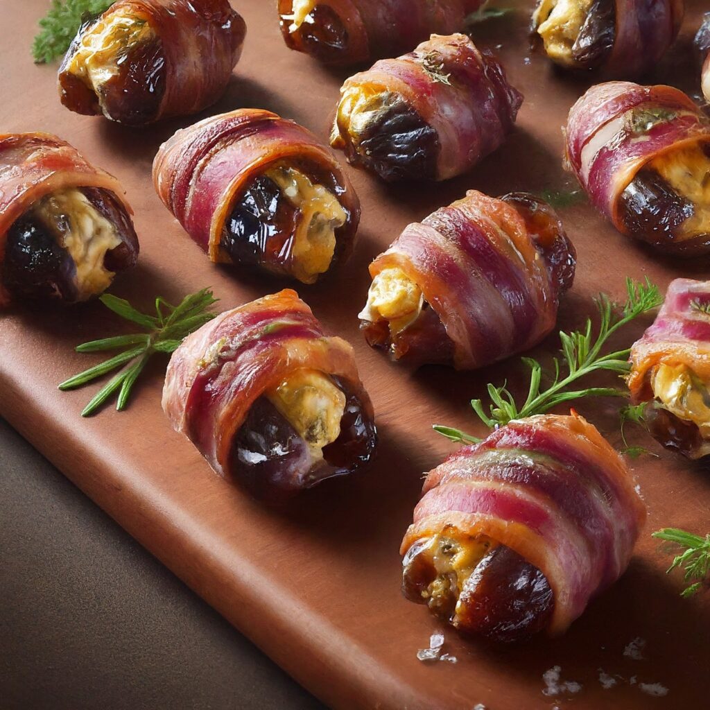 Bacon Wrapped Stuffed Dates is a tantalizing appetizer featuring sweet dates filled with creamy goat cheese, wrapped in savory bacon, and baked to crispy perfection. This irresistible combination of flavors and textures creates a mouthwatering treat that's perfect for any occasion, from casual gatherings to elegant dinner parties. 