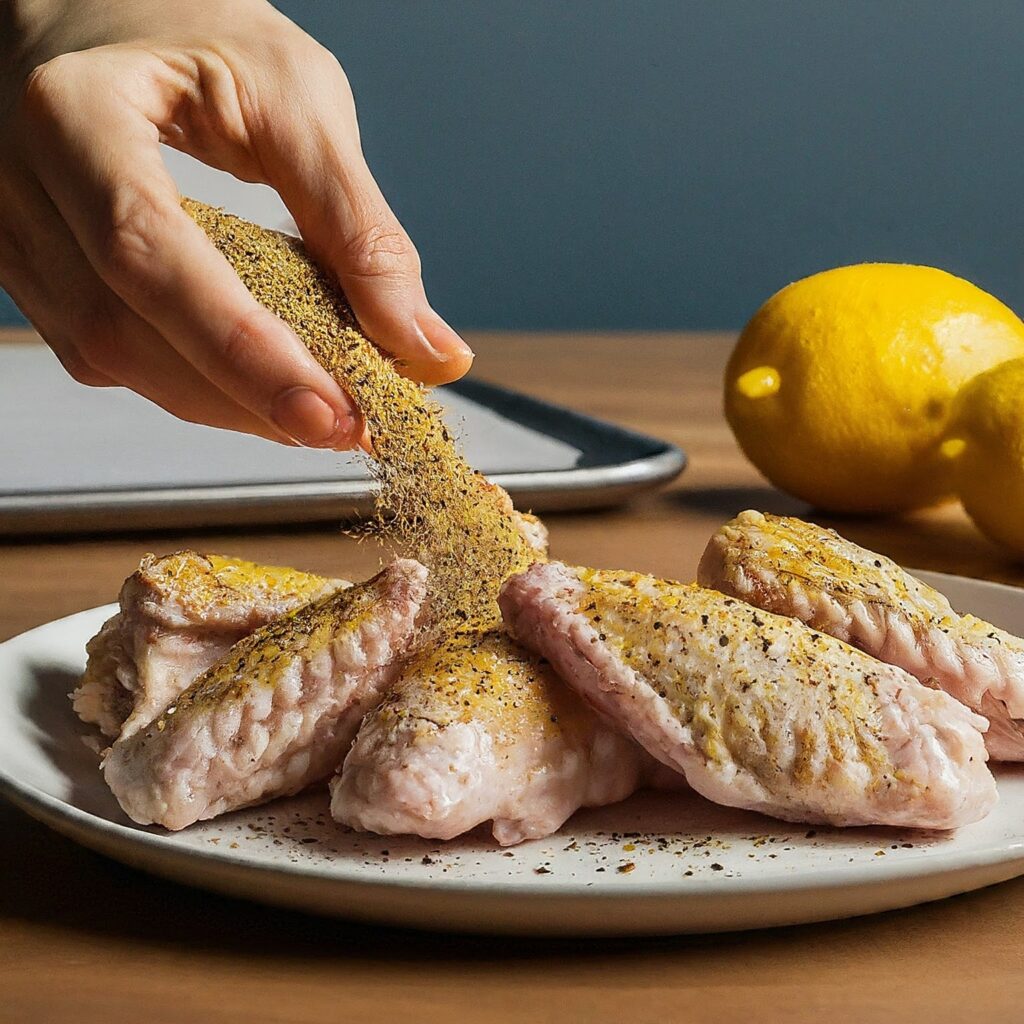 Crispy chicken wings seasoned with zesty lemon pepper seasoning, baked to perfection for a flavorful and satisfying snack or appetizer.