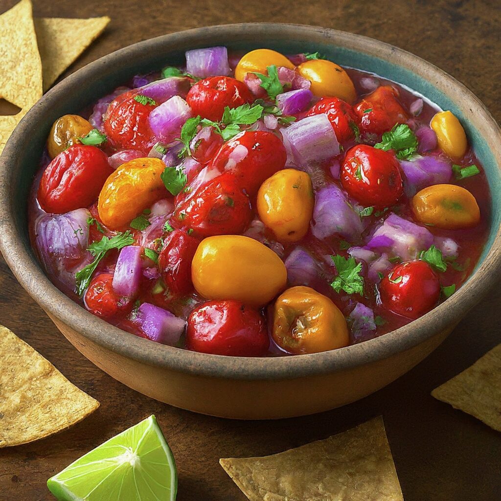  A zesty blend of roasted tomatoes, onions, and jalapeños, combined with garlic, lime juice, and cilantro for a flavorful kick. Perfect for dipping, topping, or adding a burst of flavor to any dish.