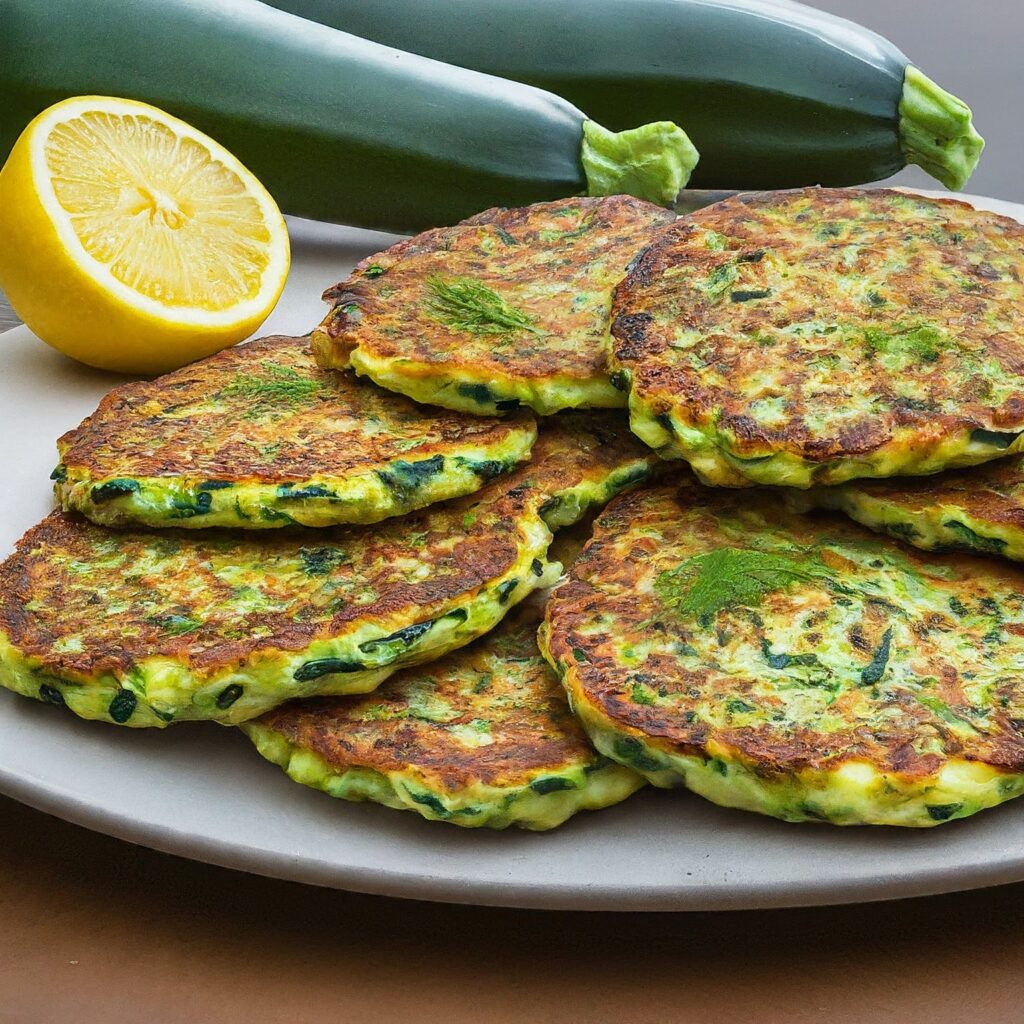Zucchini Fritters are savory patties made from grated zucchini, mixed with herbs, garlic, and Parmesan cheese. They're pan-fried until golden brown and served hot as a delightful appetizer or side dish.