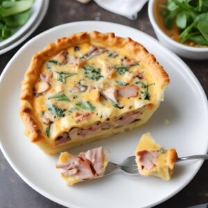 A Ham and Swiss Quiche Recipe is a savory dish made with eggs, cream, diced ham, Swiss cheese, and a pie crust. It's a versatile recipe often enjoyed for breakfast, brunch, or even dinner. To prepare, you whisk together eggs and cream, then mix in diced ham and Swiss cheese. This mixture is poured into a pre-made pie crust and baked until golden and set. Serve slices of the quiche warm, either on its own or with a side salad or fresh fruit. Leftovers can be stored in an airtight container in the refrigerator for up to 3-4 days. Reheat individual slices in the microwave or oven until warmed through before serving again. This quiche is a great way to use up leftover ham and makes for a satisfying meal any time of day.