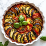 This image shows the finished ratatouille with layers of colorful sliced vegetables baked in a rich tomato sauce, served hot and garnished with fresh herbs.