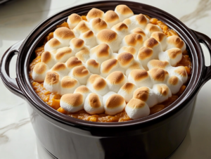 "The slow cooker with a golden-brown, puffy layer of marshmallows on top of the sweet potatoes, ready to serve. The slow cooker sits on a white marble cooktop with the lid slightly open, revealing the finished dish."