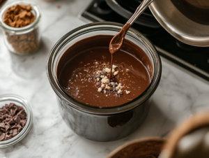 "A steaming mug is filled with rich hot chocolate from the slow cooker, garnished with marshmallows, whipped cream, and a candy cane. The slow cooker remains on the white marble cooktop, surrounded by jars of toppings for customization."