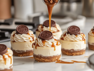 Cooled mini cheesecakes sit on the white marble cooktop as whipped cream is piped onto each one. Caramel and chocolate sauces are drizzled over the top, and halved Rolos are added as finishing touches.