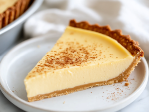 Close-up shot of a slice of the eggnog custard tart on a white dessert plate over the white marble cooktop. The smooth custard filling is topped with a sprinkle of freshly grated nutmeg.