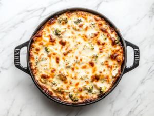 A slice of Keto Chicken Broccoli Casserole is served on a white plate, revealing layers of creamy cheese, tender chicken, and bright green broccoli. The golden, bubbly cheese topping is intact, with the plate placed on the white marble cooktop for a clean and minimal presentation