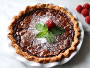 A close-up of a decadent, sliced chocolate brownie pie elegantly arranged on a white marble countertop. The shiny, slightly cracked top reveals a flaky, rich chocolate crust beneath. The pie is garnished with a dusting of powdered sugar, fresh raspberries, and a sprig of mint.